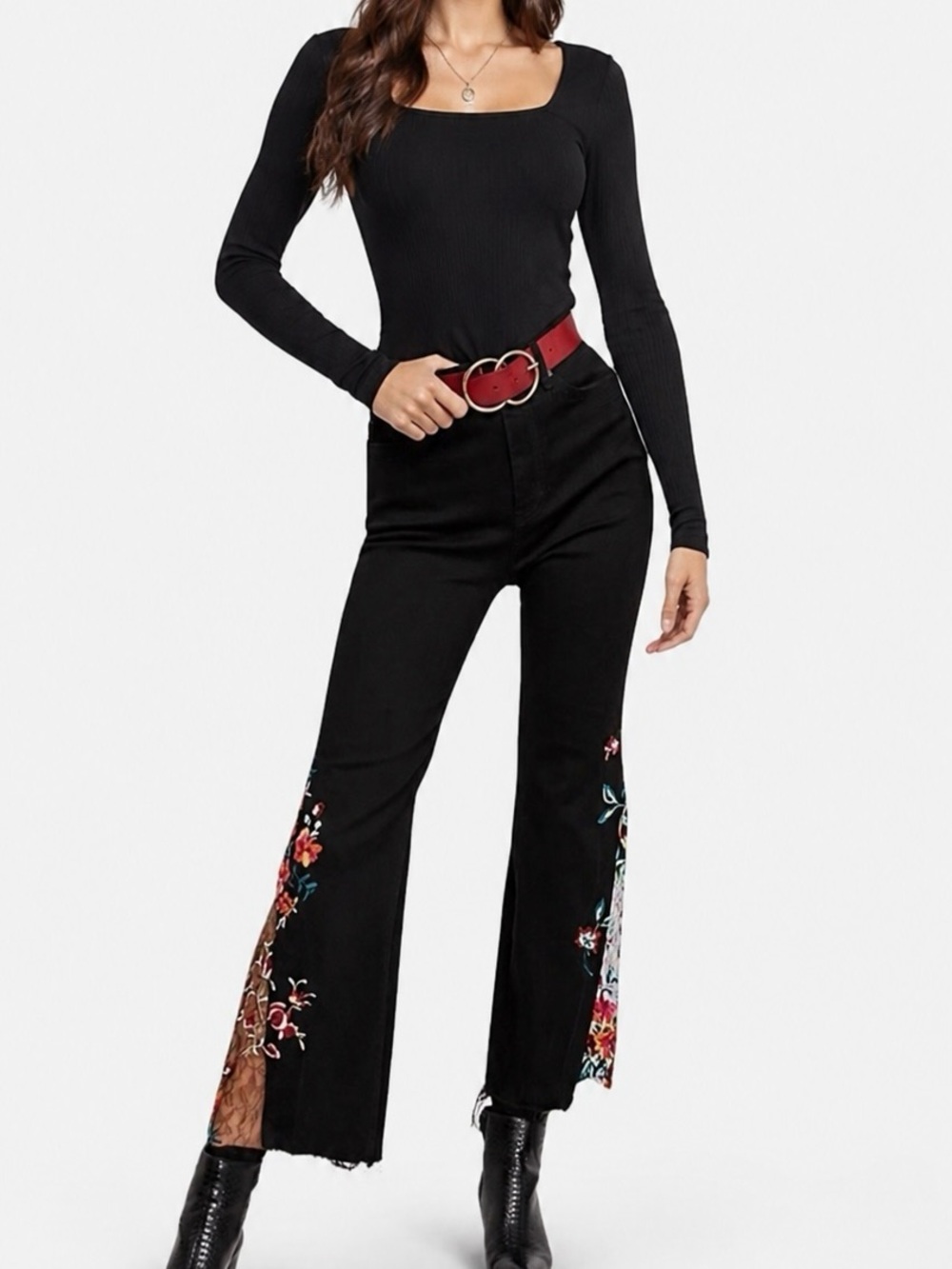 Free People high rise embroidered lace flare jeans Sz 28 - Picture 1 of 10